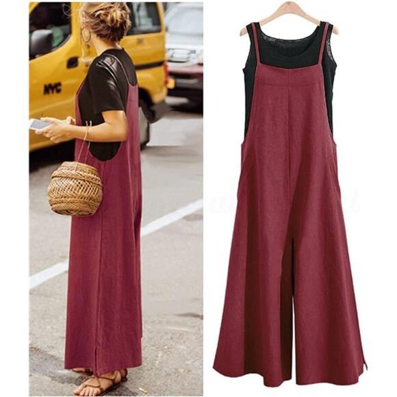 Pants - Women Loose Long Bib Pants Wide Leg Jumpsuits Red